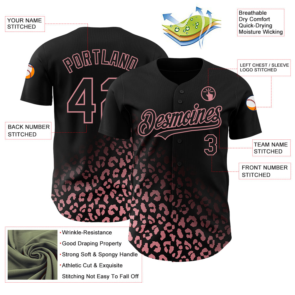 Custom Black Medium Pink 3D Pattern Design Leopard Print Fade Fashion Authentic Baseball Jersey