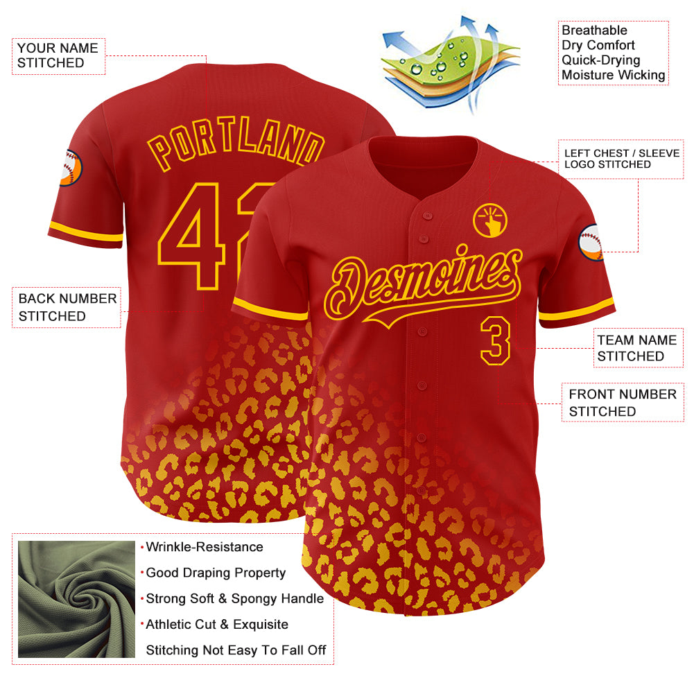 Custom Red Yellow 3D Pattern Design Leopard Print Fade Fashion Authentic Baseball Jersey