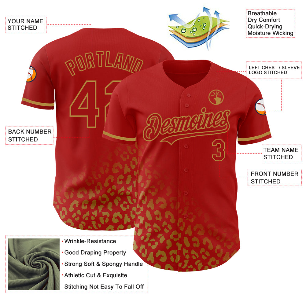 Custom Red Old Gold 3D Pattern Design Leopard Print Fade Fashion Authentic Baseball Jersey
