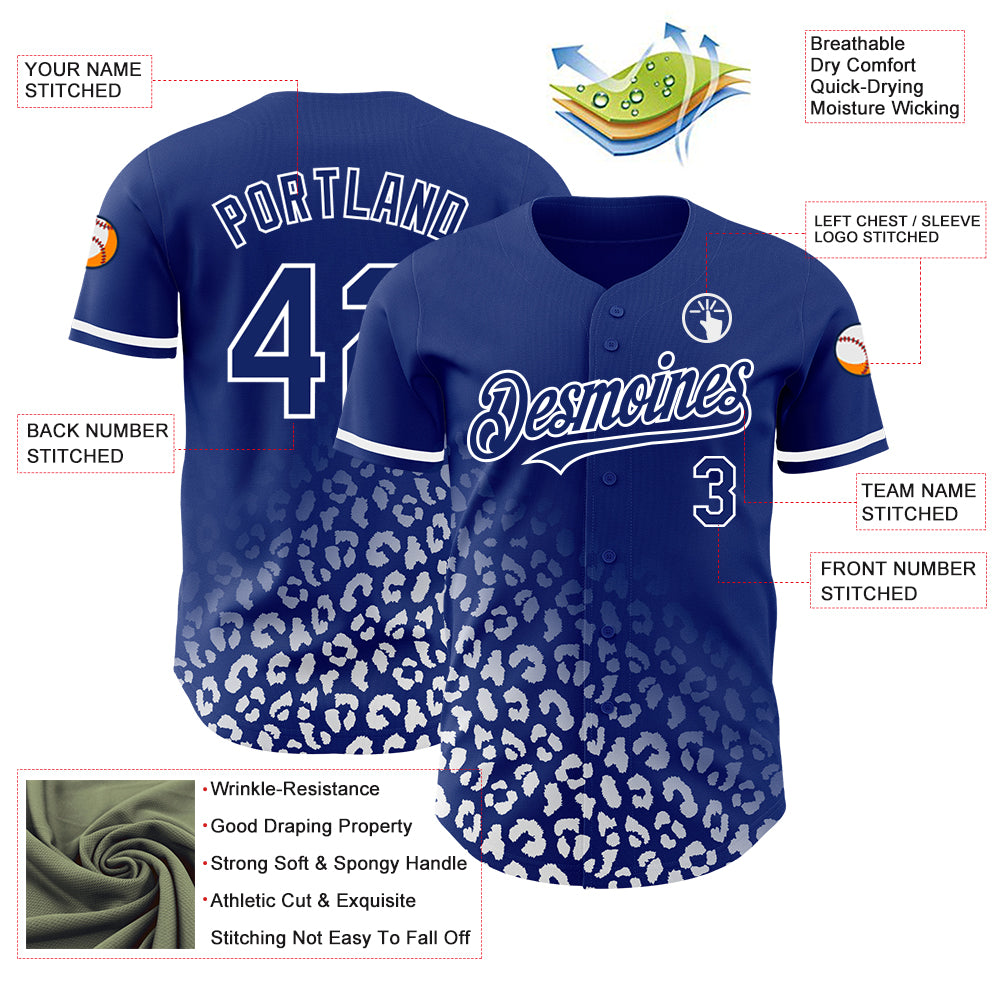 Custom Royal White 3D Pattern Design Leopard Print Fade Fashion Authentic Baseball Jersey