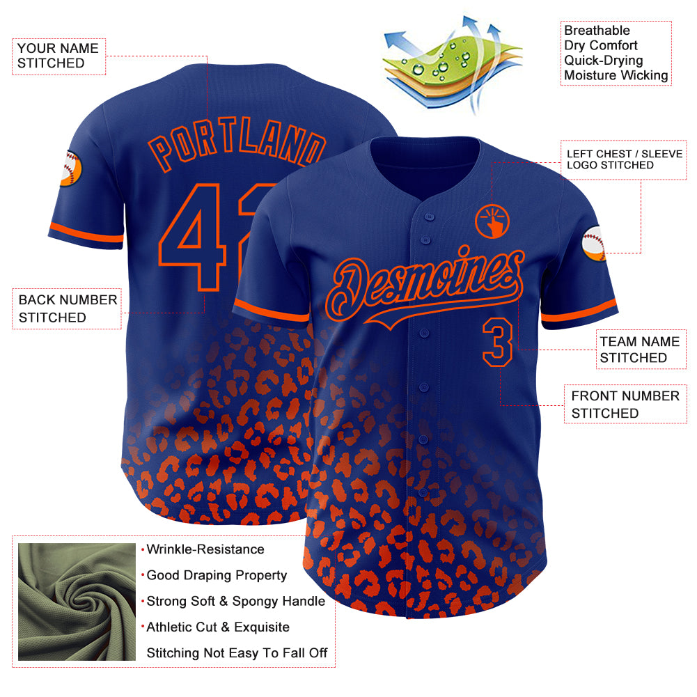Custom Royal Orange 3D Pattern Design Leopard Print Fade Fashion Authentic Baseball Jersey