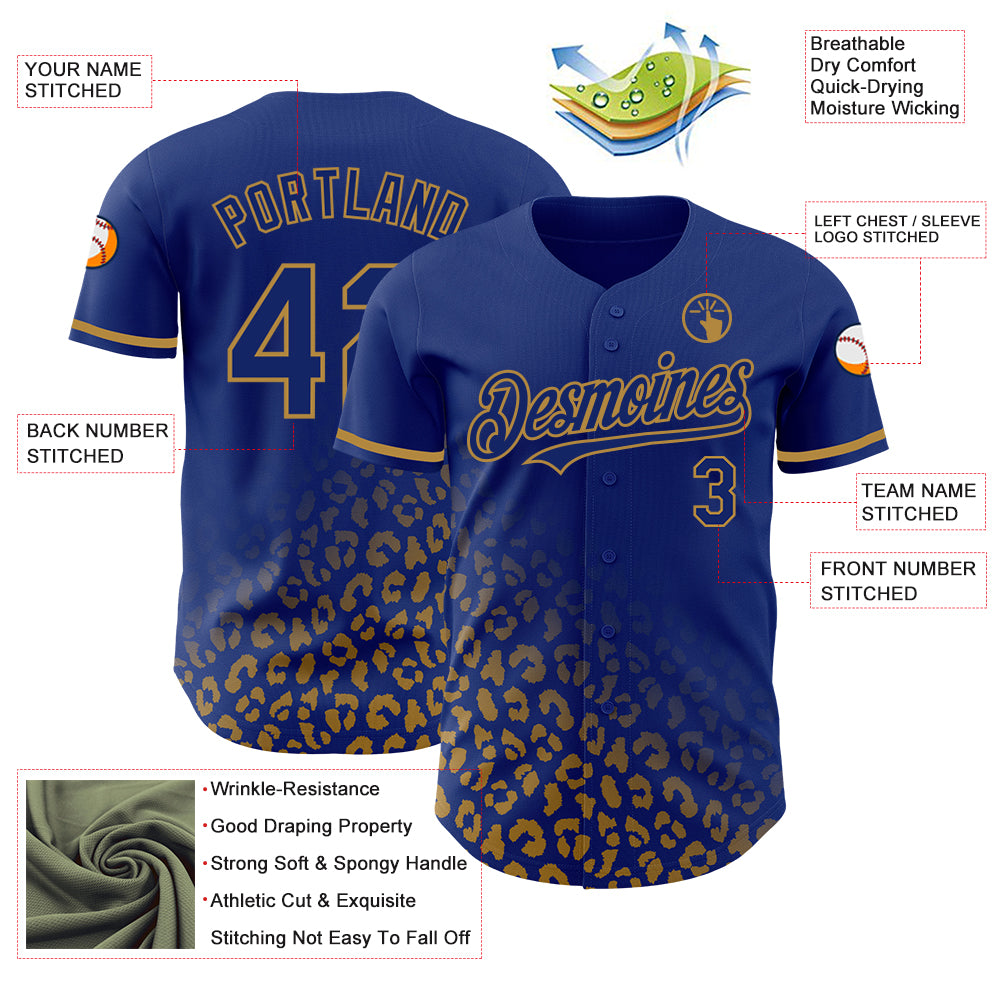 Custom Royal Old Gold 3D Pattern Design Leopard Print Fade Fashion Authentic Baseball Jersey