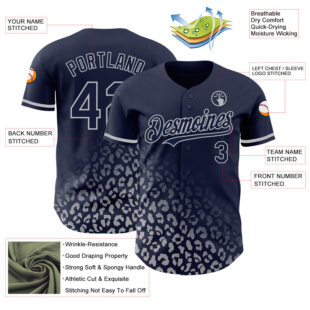 Custom Navy Gray 3D Pattern Design Leopard Print Fade Fashion Authentic Baseball Jersey