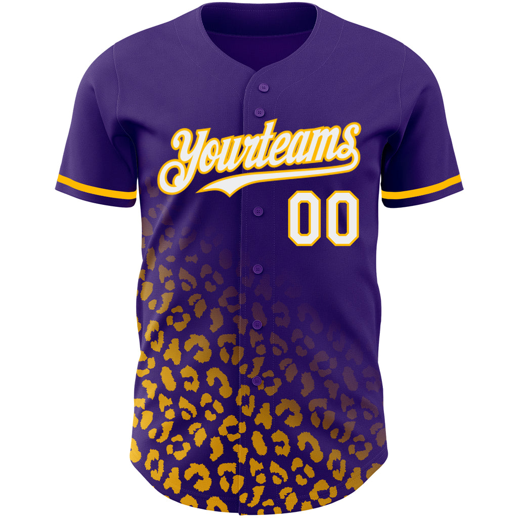 Custom Purple White-Gold 3D Pattern Design Leopard Print Fade Fashion Authentic Baseball Jersey