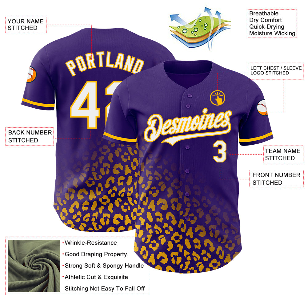 Custom Purple White-Gold 3D Pattern Design Leopard Print Fade Fashion Authentic Baseball Jersey