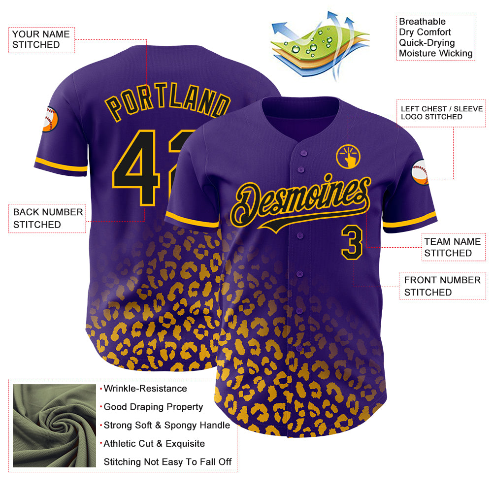 Custom Purple Black-Gold 3D Pattern Design Leopard Print Fade Fashion Authentic Baseball Jersey