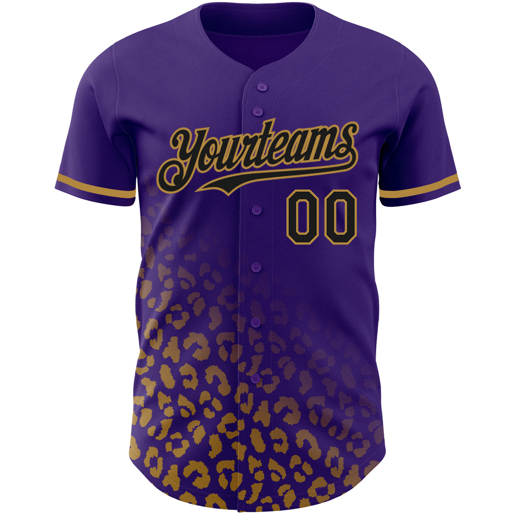 Custom Purple Black-Old Gold 3D Pattern Design Leopard Print Fade Fashion Authentic Baseball Jersey