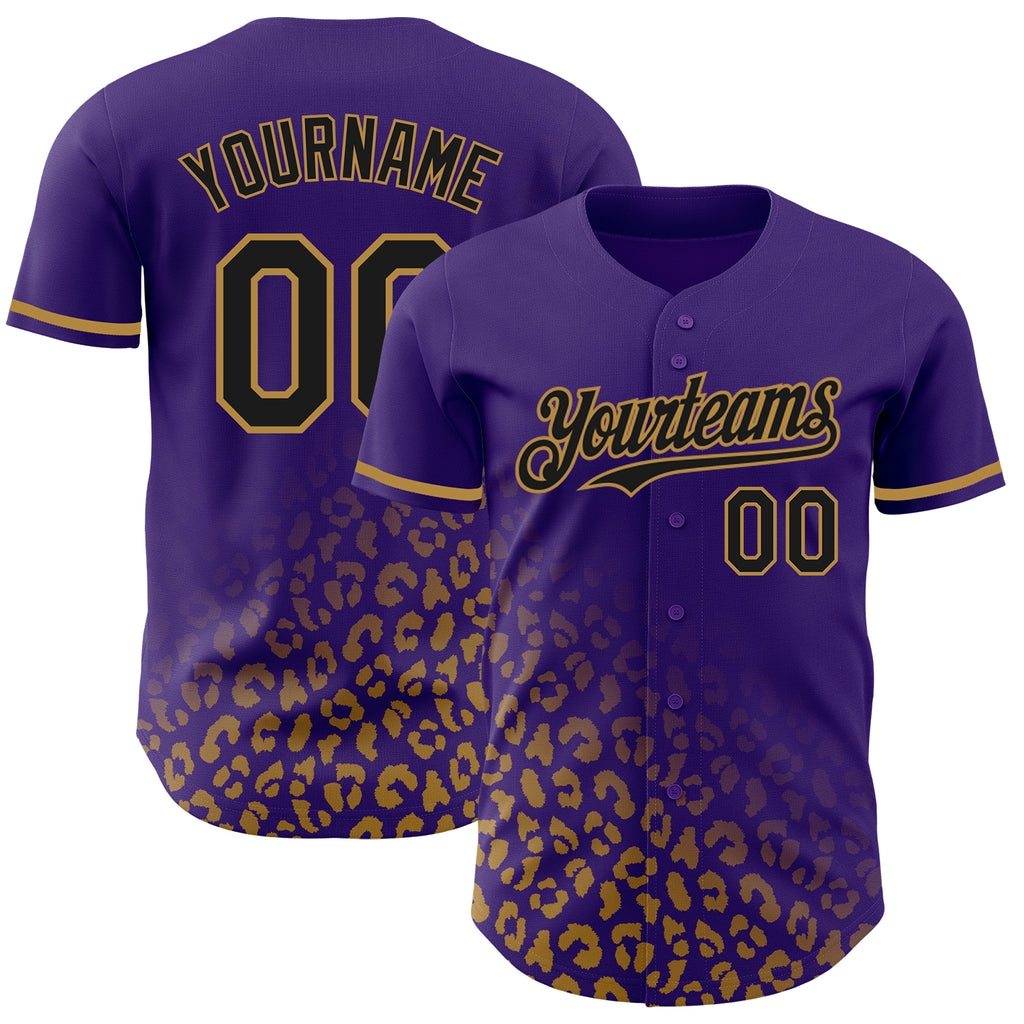 Custom Purple Black-Old Gold 3D Pattern Design Leopard Print Fade Fashion Authentic Baseball Jersey