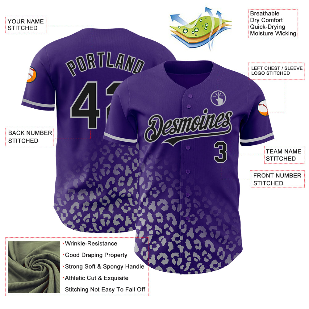 Custom Purple Black-Gray 3D Pattern Design Leopard Print Fade Fashion Authentic Baseball Jersey