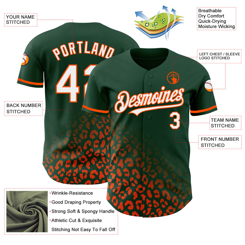 Custom Green White-Orange 3D Pattern Design Leopard Print Fade Fashion Authentic Baseball Jersey