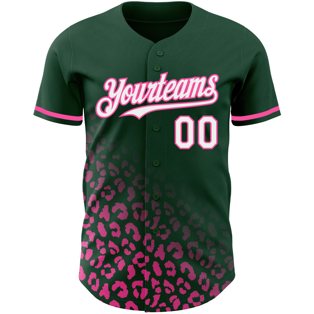 Custom Green White-Pink 3D Pattern Design Leopard Print Fade Fashion Authentic Baseball Jersey