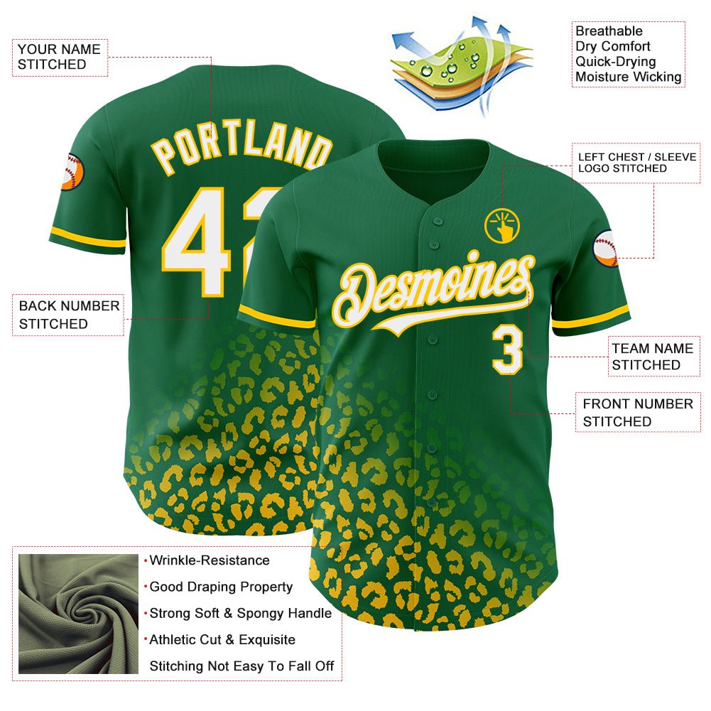 Custom Kelly Green White-Yellow 3D Pattern Design Leopard Print Fade Fashion Authentic Baseball Jersey