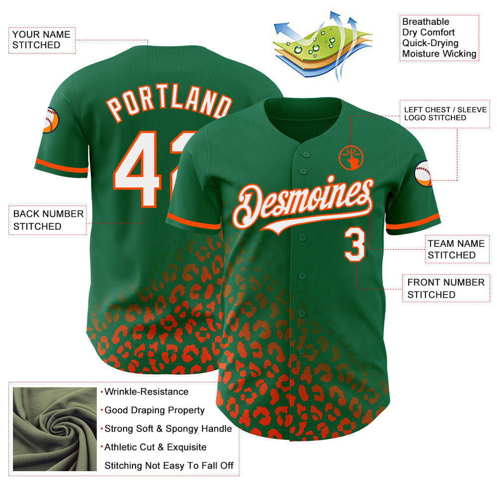 Custom Kelly Green White-Orange 3D Pattern Design Leopard Print Fade Fashion Authentic Baseball Jersey