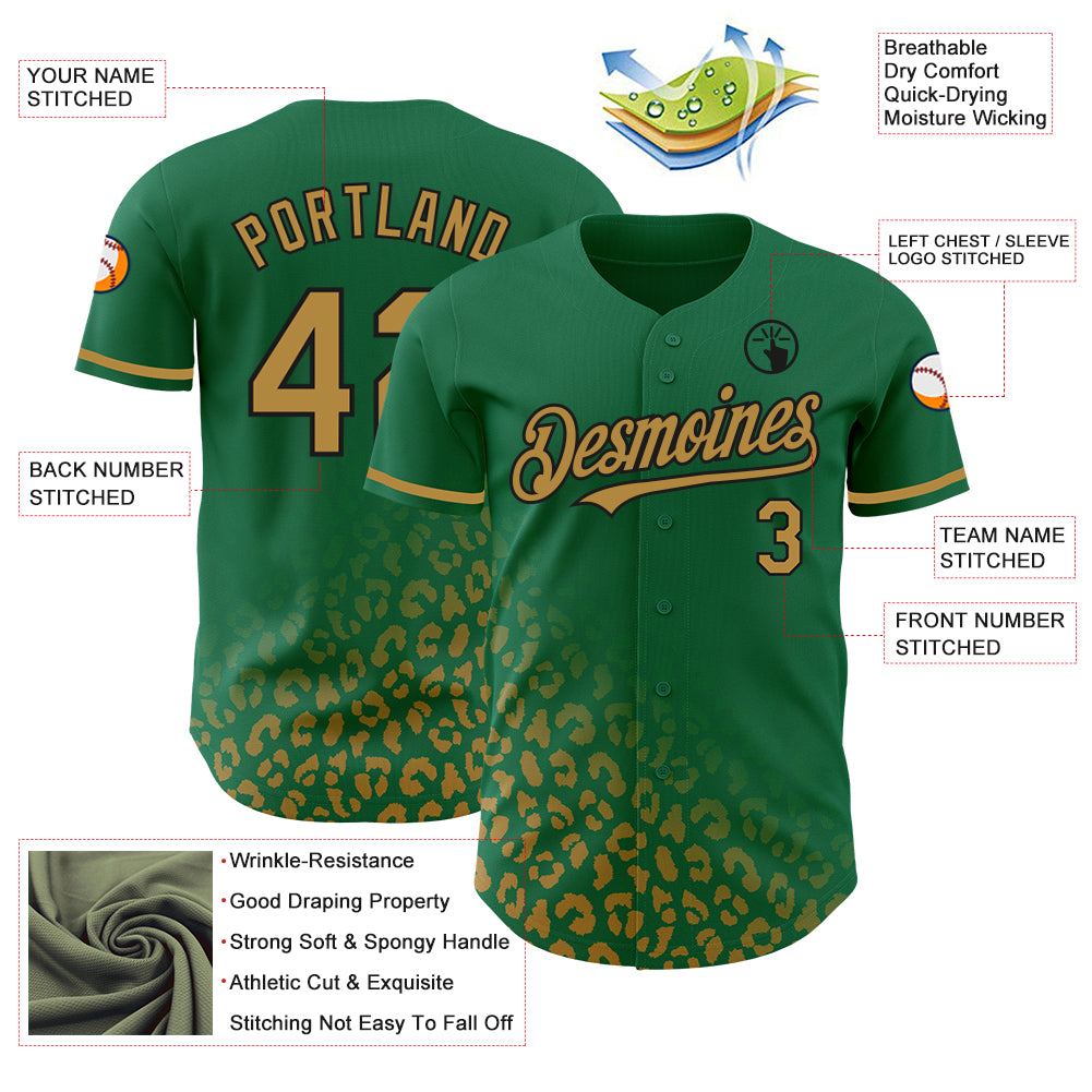 Custom Kelly Green Old Gold-Black 3D Pattern Design Leopard Print Fade Fashion Authentic Baseball Jersey
