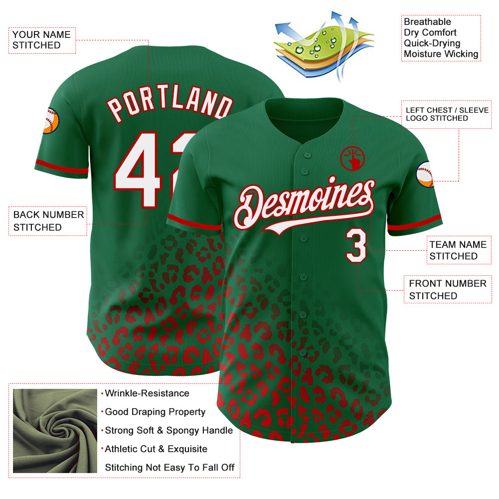 Custom Kelly Green White-Red 3D Pattern Design Leopard Print Fade Fashion Authentic Baseball Jersey