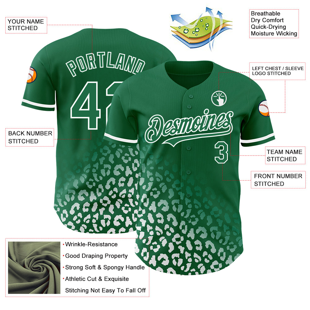 Custom Kelly Green White 3D Pattern Design Leopard Print Fade Fashion Authentic Baseball Jersey