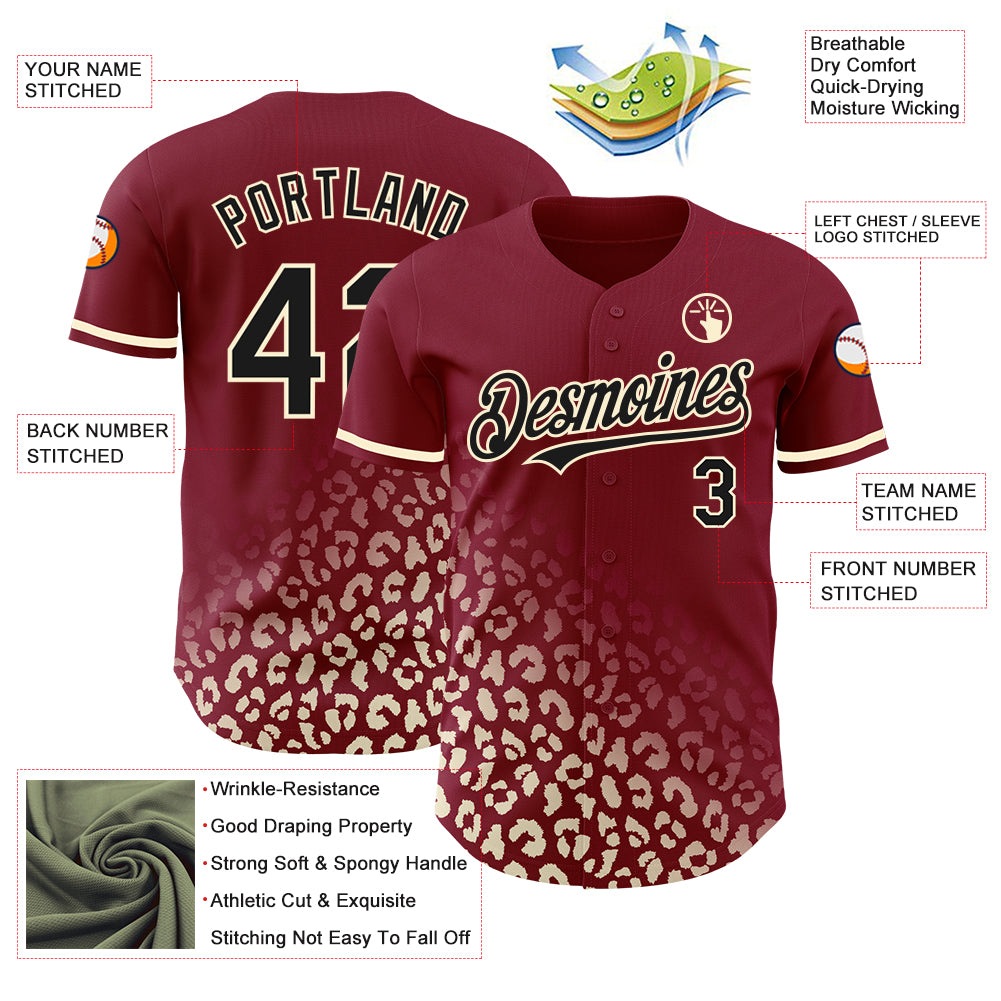 Custom Crimson Black-Cream 3D Pattern Design Leopard Print Fade Fashion Authentic Baseball Jersey