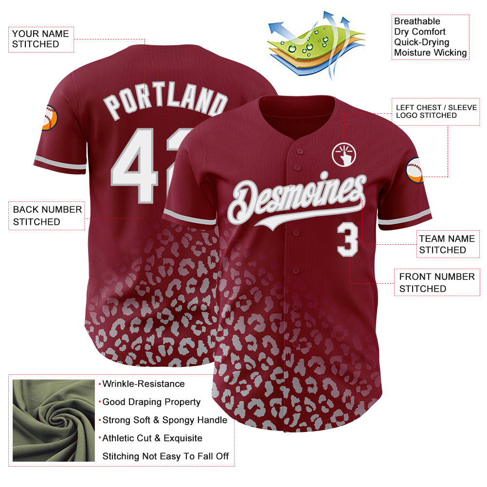 Custom Crimson White-Gray 3D Pattern Design Leopard Print Fade Fashion Authentic Baseball Jersey