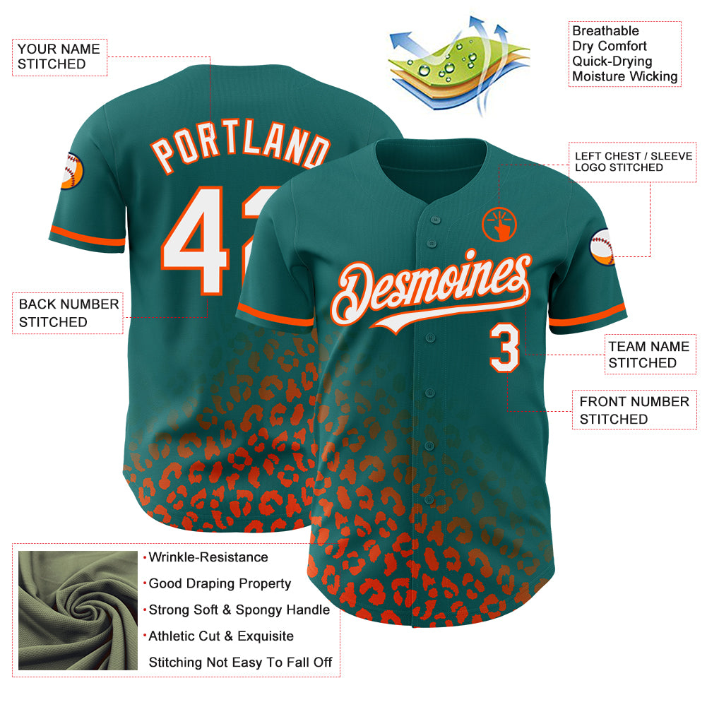 Custom Teal White-Orange 3D Pattern Design Leopard Print Fade Fashion Authentic Baseball Jersey