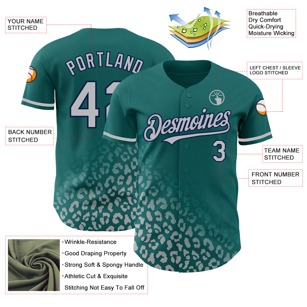 Custom Teal Gray-Navy 3D Pattern Design Leopard Print Fade Fashion Authentic Baseball Jersey