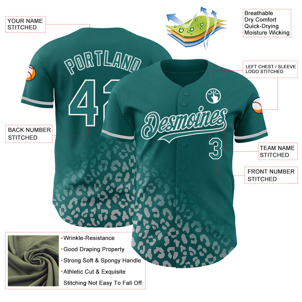 Custom Teal White 3D Pattern Design Leopard Print Fade Fashion Authentic Baseball Jersey
