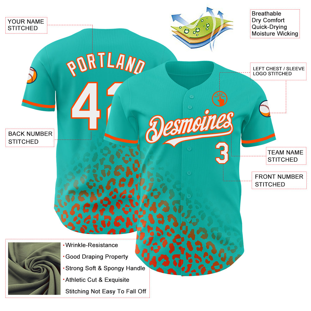 Custom Aqua White-Orange 3D Pattern Design Leopard Print Fade Fashion Authentic Baseball Jersey