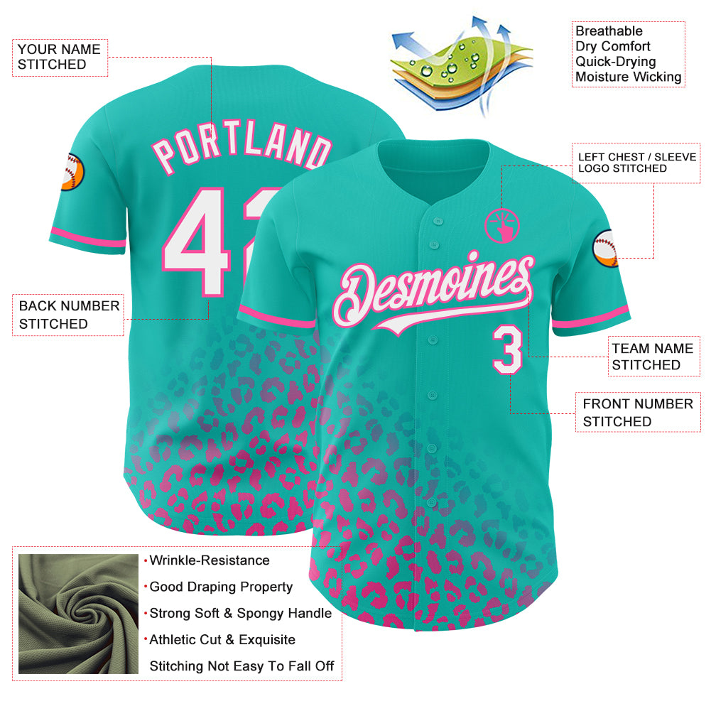 Custom Teal White-Pink 3D Pattern Design Leopard Print Fade Fashion Authentic Baseball Jersey