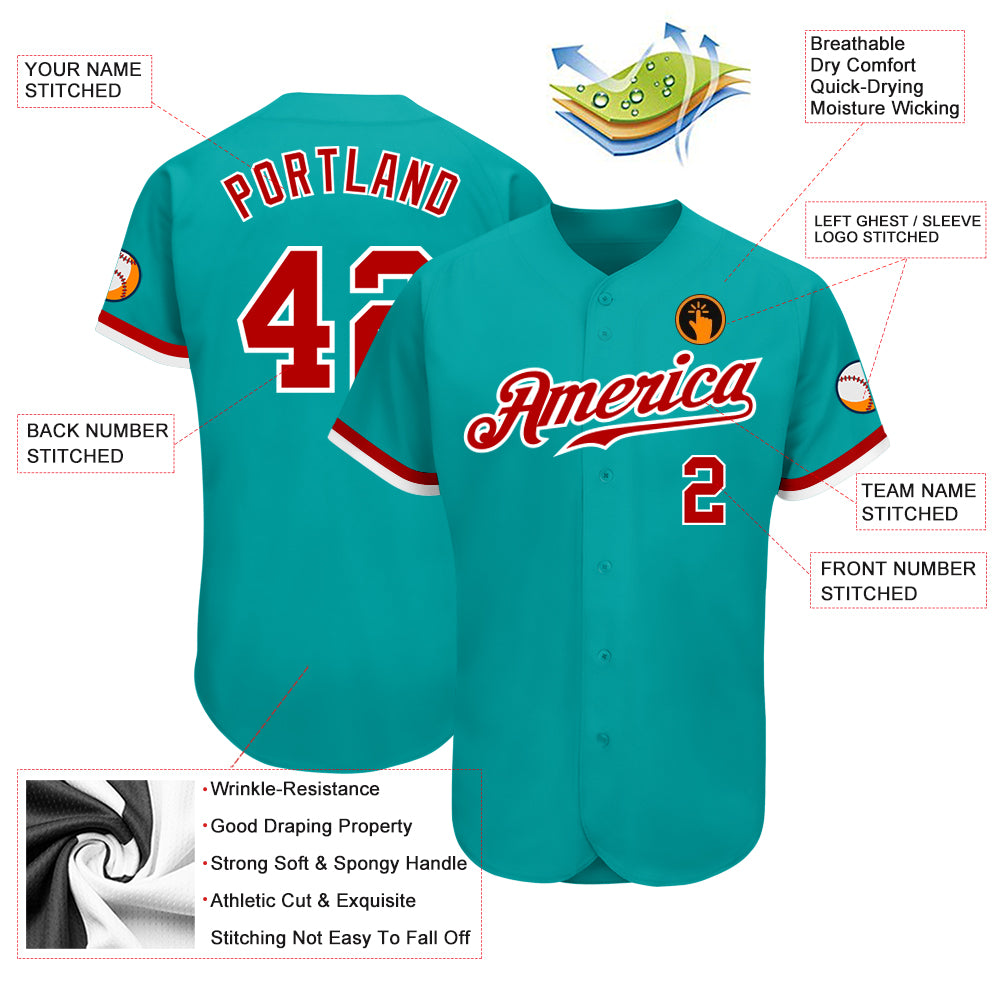 Custom Aqua Red-White Authentic Baseball Jersey with Free Shipping3