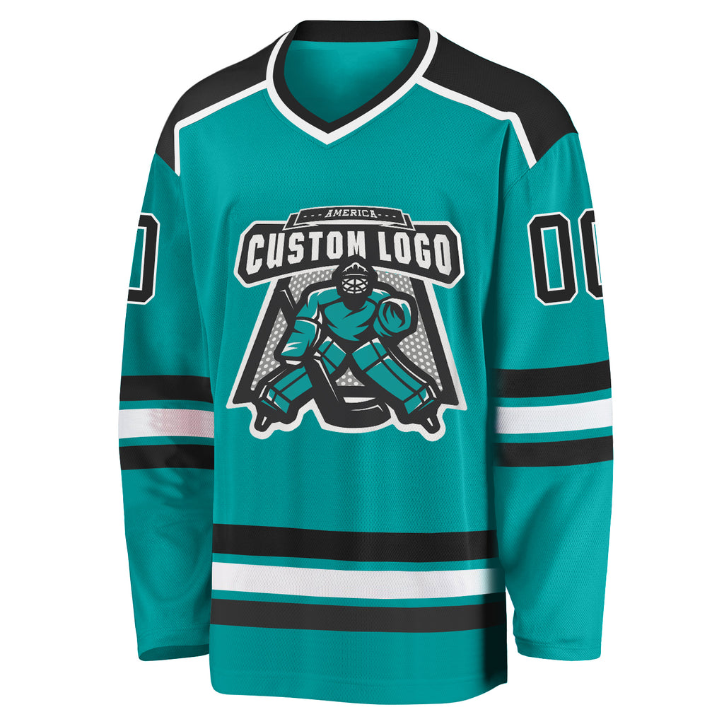 Custom aqua black and white hockey jersey with free shipping3