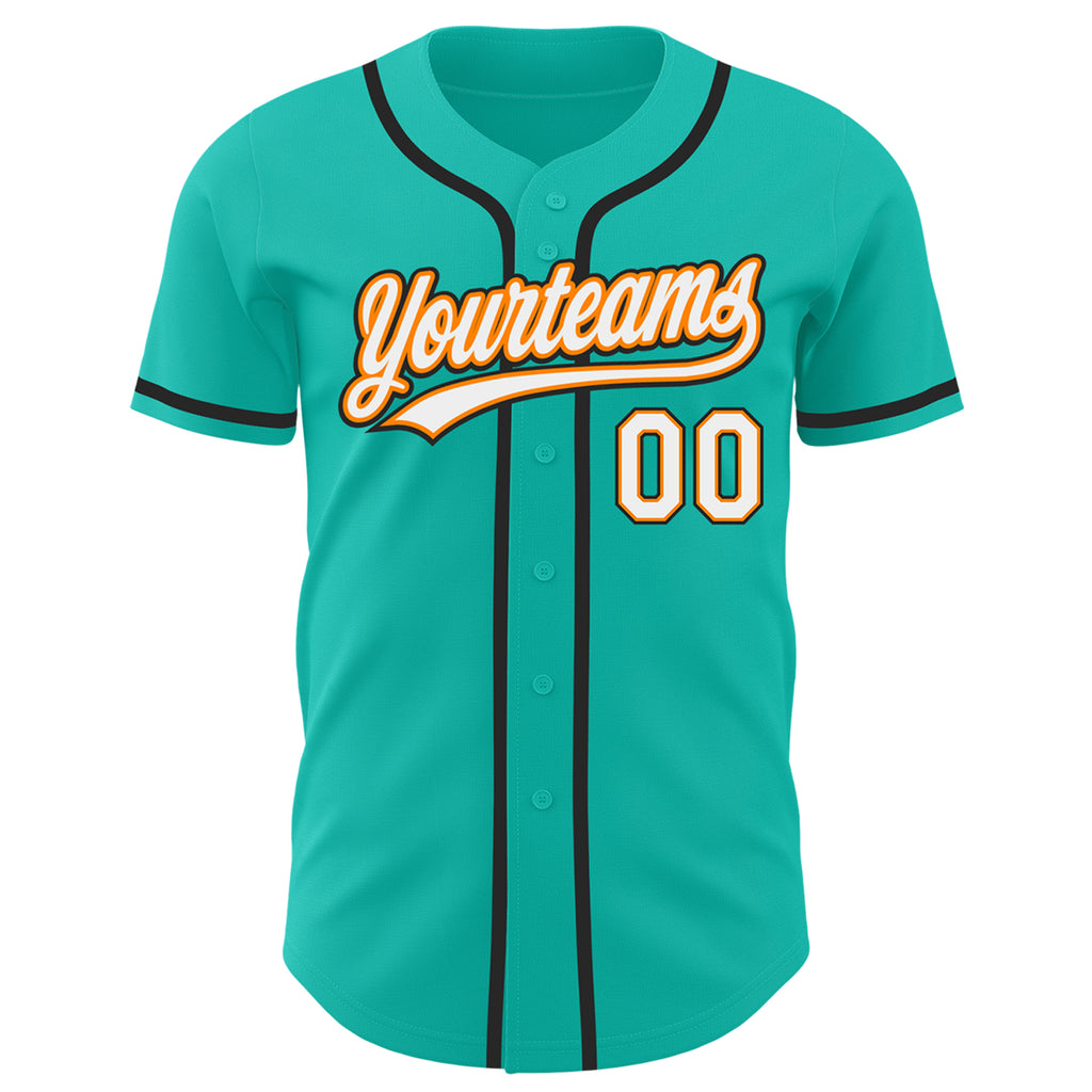 Custom aqua and white baseball jersey with blaze orange and black accents, authentic design, available with free shipping4