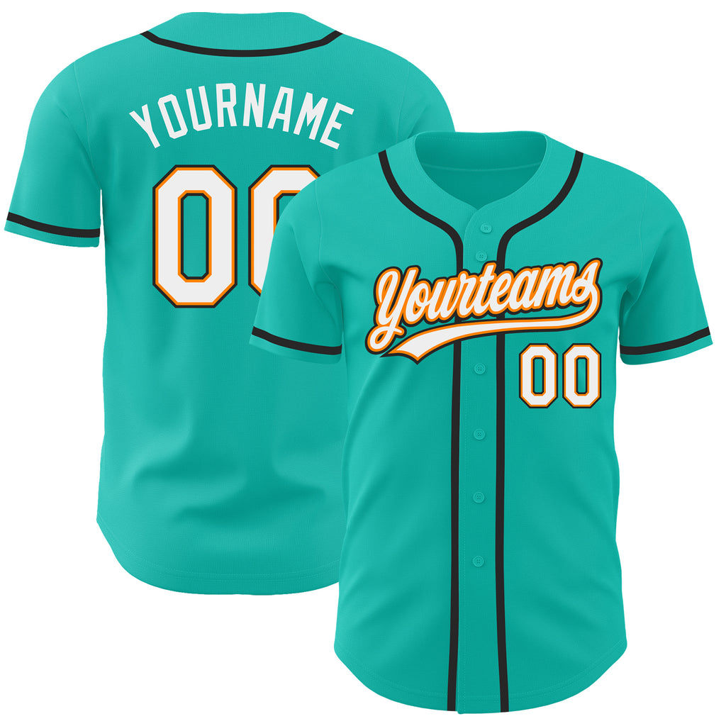 Custom aqua and white baseball jersey with blaze orange and black accents, authentic design, available with free shipping3