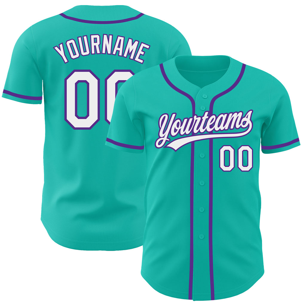Custom aqua white-purple baseball jersey with authentic design and free shipping0