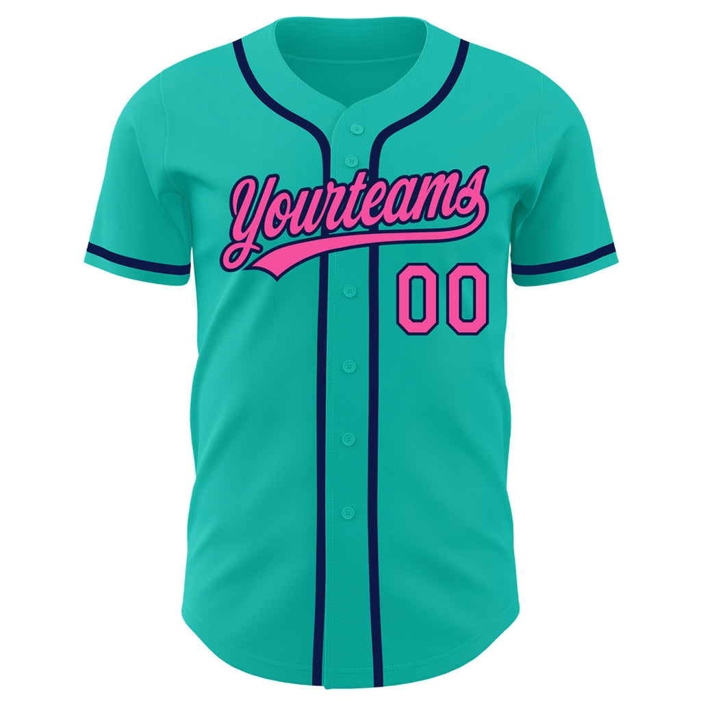 Custom Aqua Pink-Navy Baseball Jersey Authentic Design with Free Shipping4