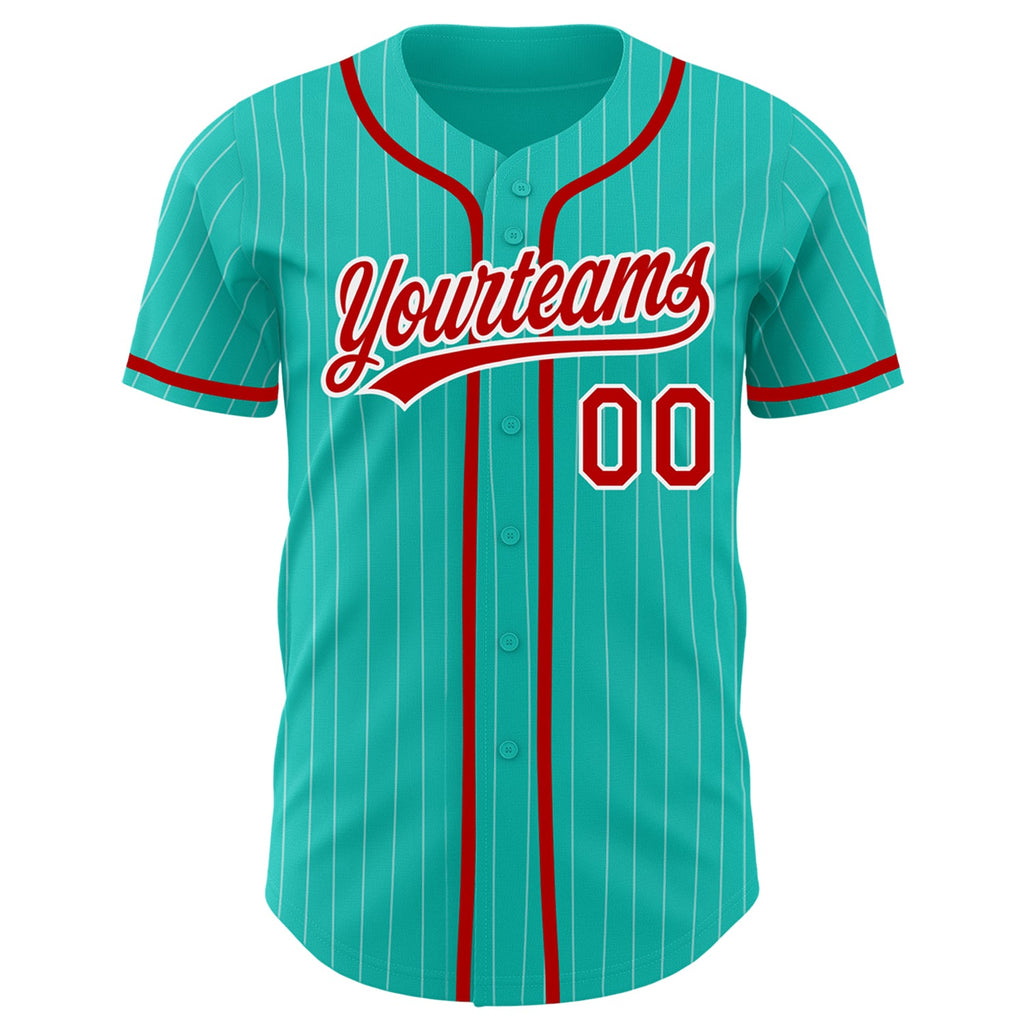Custom aqua and white pinstripe baseball jersey with red accents on sale online1