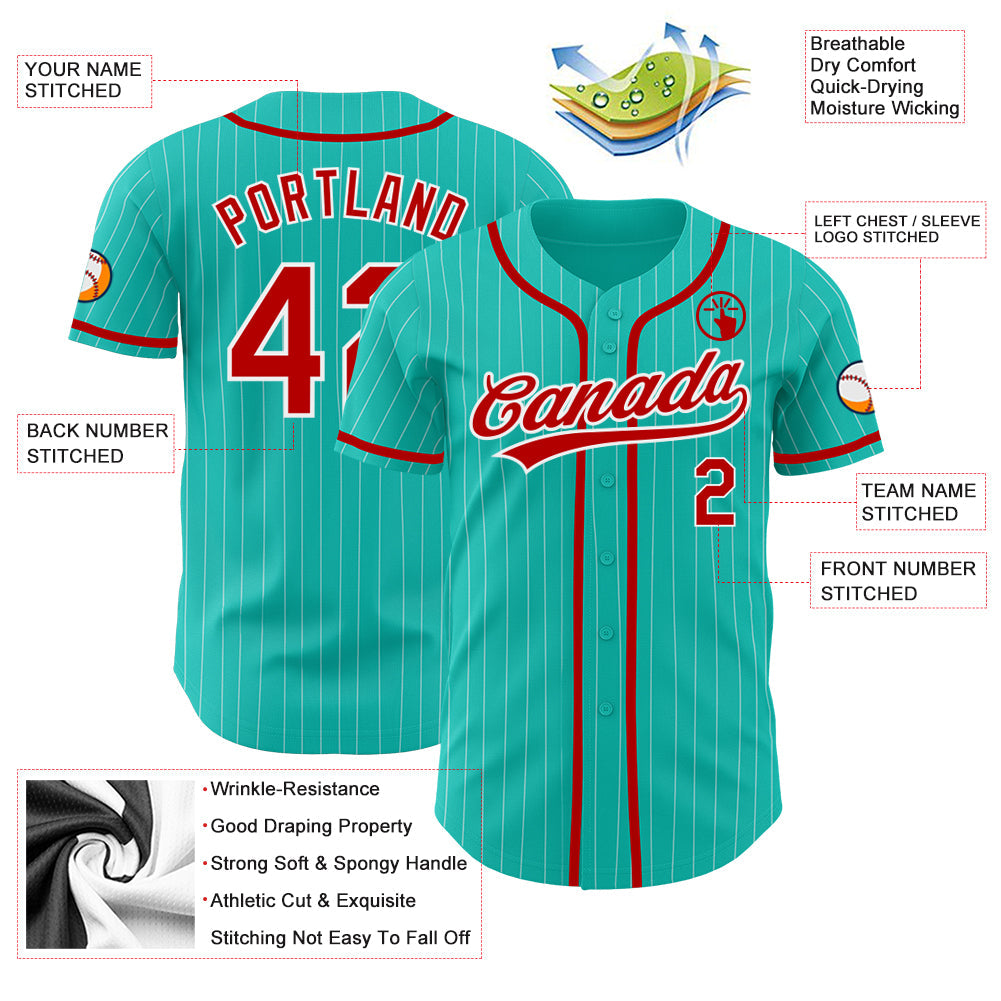 Custom aqua and white pinstripe baseball jersey with red accents on sale online0