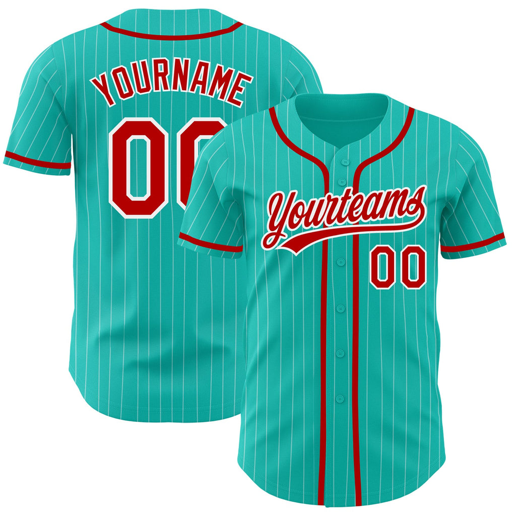 Custom aqua and white pinstripe baseball jersey with red accents on sale online2
