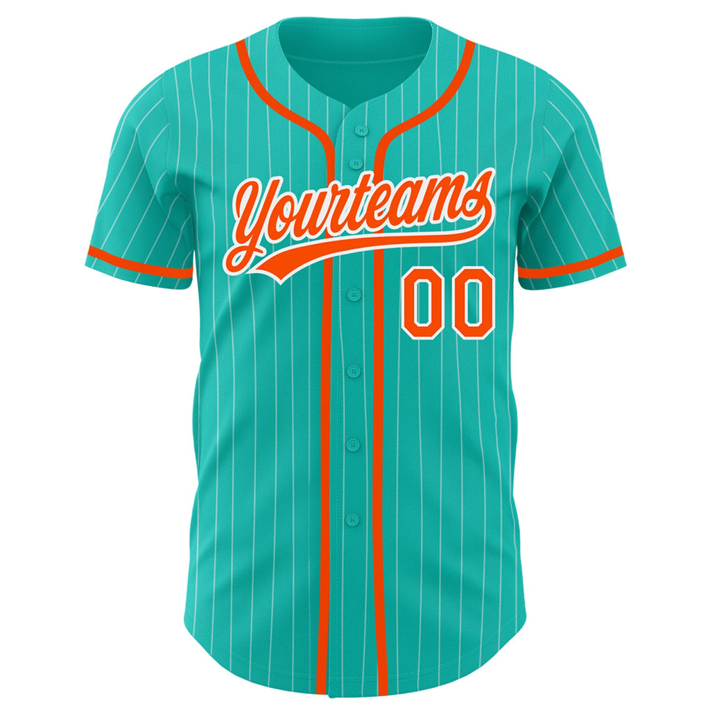 Custom aqua and white pinstripe baseball jersey with orange detailing on sale online1