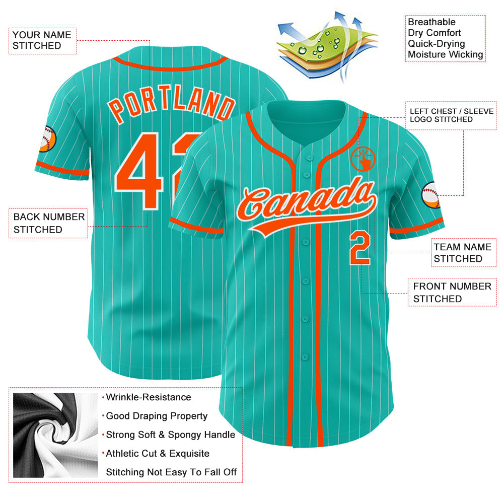 Custom aqua and white pinstripe baseball jersey with orange detailing on sale online3