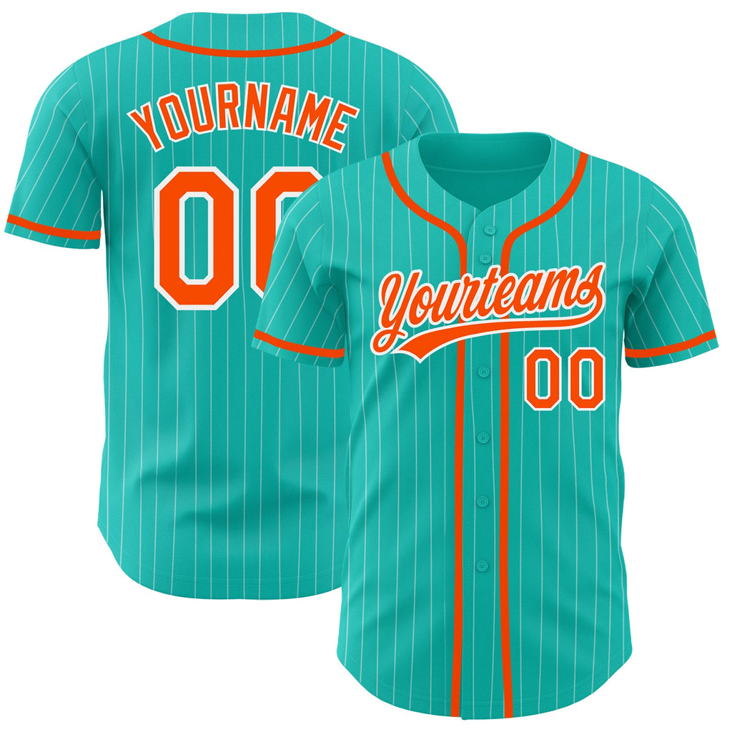 Custom aqua and white pinstripe baseball jersey with orange detailing on sale online0