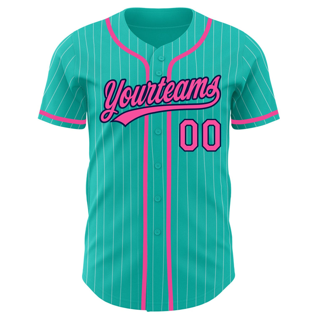 Custom Aqua White Pinstripe Baseball Jersey with Pink-Navy Authentic Design on Sale Online4