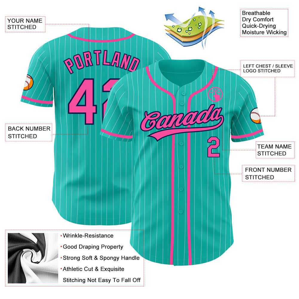 Custom Aqua White Pinstripe Baseball Jersey with Pink-Navy Authentic Design on Sale Online1