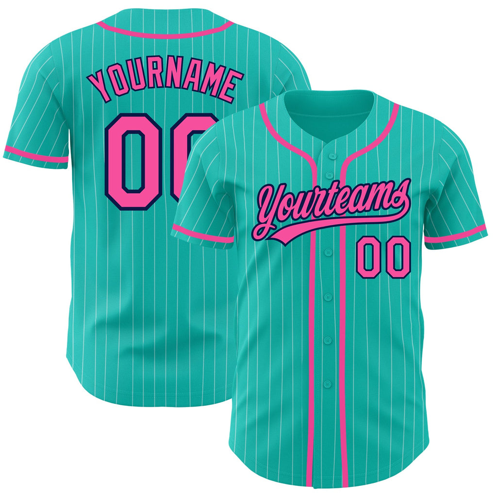 Custom Aqua White Pinstripe Baseball Jersey with Pink-Navy Authentic Design on Sale Online0