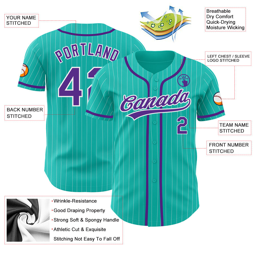 Custom Aqua White Pinstripe Baseball Jersey with Purple Authentic Design on Sale Online3