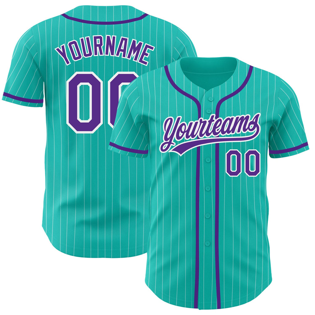 Custom Aqua White Pinstripe Baseball Jersey with Purple Authentic Design on Sale Online2