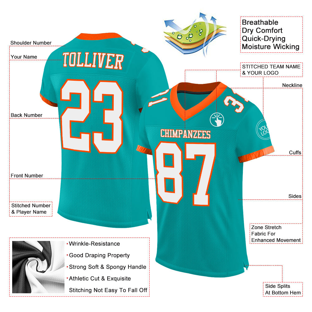 Custom aqua white-orange mesh football jersey for sale online2