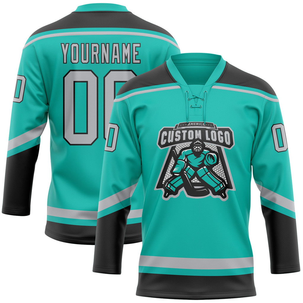 Custom aqua gray-black hockey lace neck jersey for sale online4