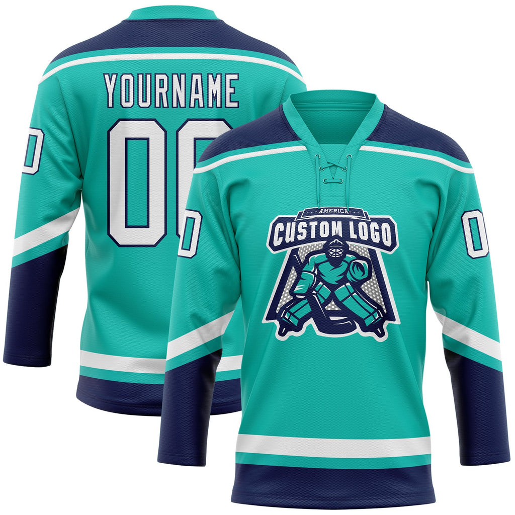 Custom aqua white-navy hockey lace neck jersey on sale online3