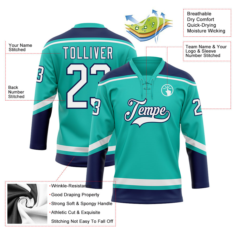Custom aqua white-navy hockey lace neck jersey on sale online2