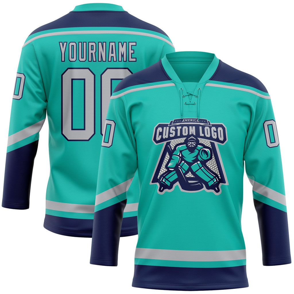 Custom aqua, gray, and navy hockey lace neck jersey on sale4