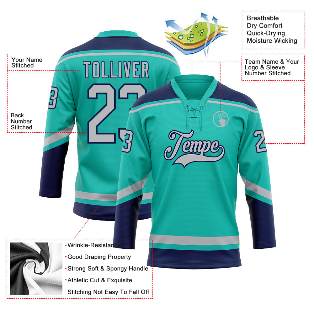 Custom aqua, gray, and navy hockey lace neck jersey on sale3